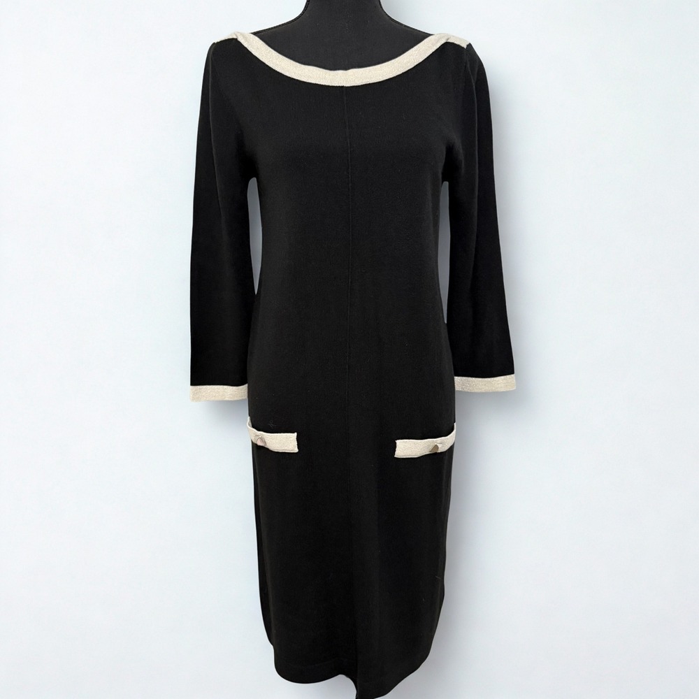 Nine West Black Knit Dress with‎ Cream Trim and Pockets Medium Classic Chic